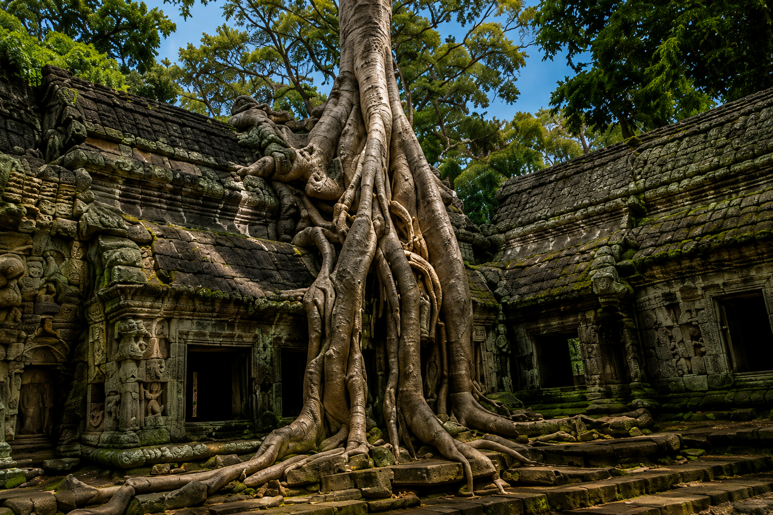 Ta Prohm Temple — Tree roots growing over ancient ruins